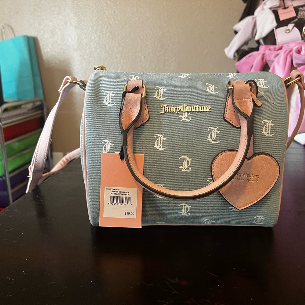 Juicy Couture Blue Satchel with Pink Trim and Heart Charm